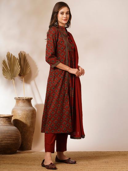 Ethnic Floral Printed A-Line Peated Kurta with Pant & Dupatta - Brown