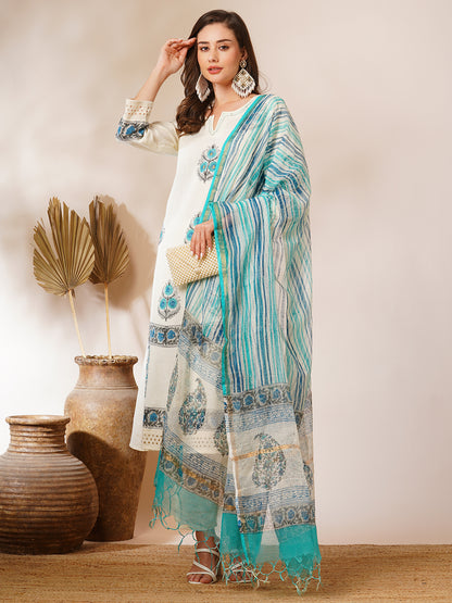 Floral Printed A-Line Paneled Kurta with Pant & Printed Dupatta - Off White