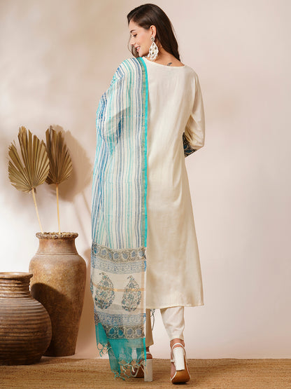 Floral Printed A-Line Paneled Kurta with Pant & Printed Dupatta - Off White