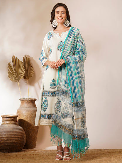 Floral Printed A-Line Paneled Kurta with Pant & Printed Dupatta - Off White