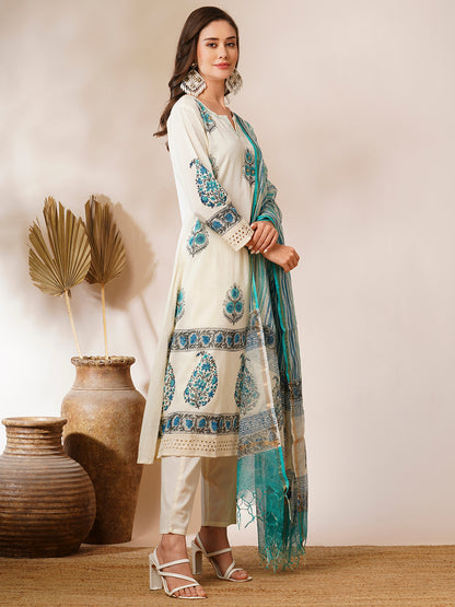 Floral Printed A-Line Paneled Kurta with Pant & Printed Dupatta - Off White