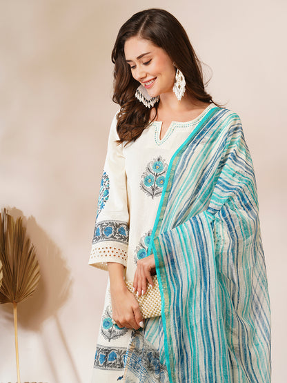 Floral Printed A-Line Paneled Kurta with Pant & Printed Dupatta - Off White