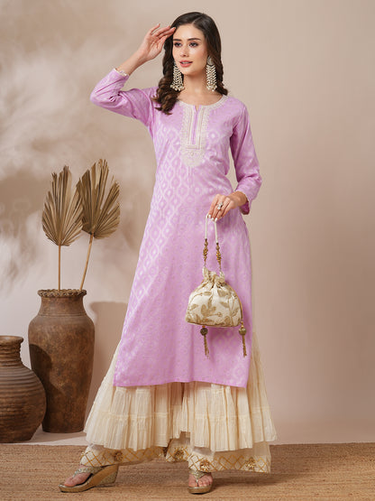 Ethnic Jacquard Woven & Embroidered Straight Fit Kurta - Light Purple