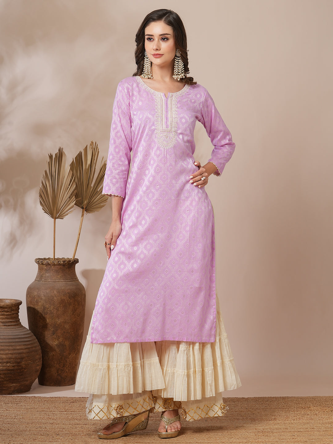 Ethnic Jacquard Woven & Embroidered Straight Fit Kurta - Light Purple