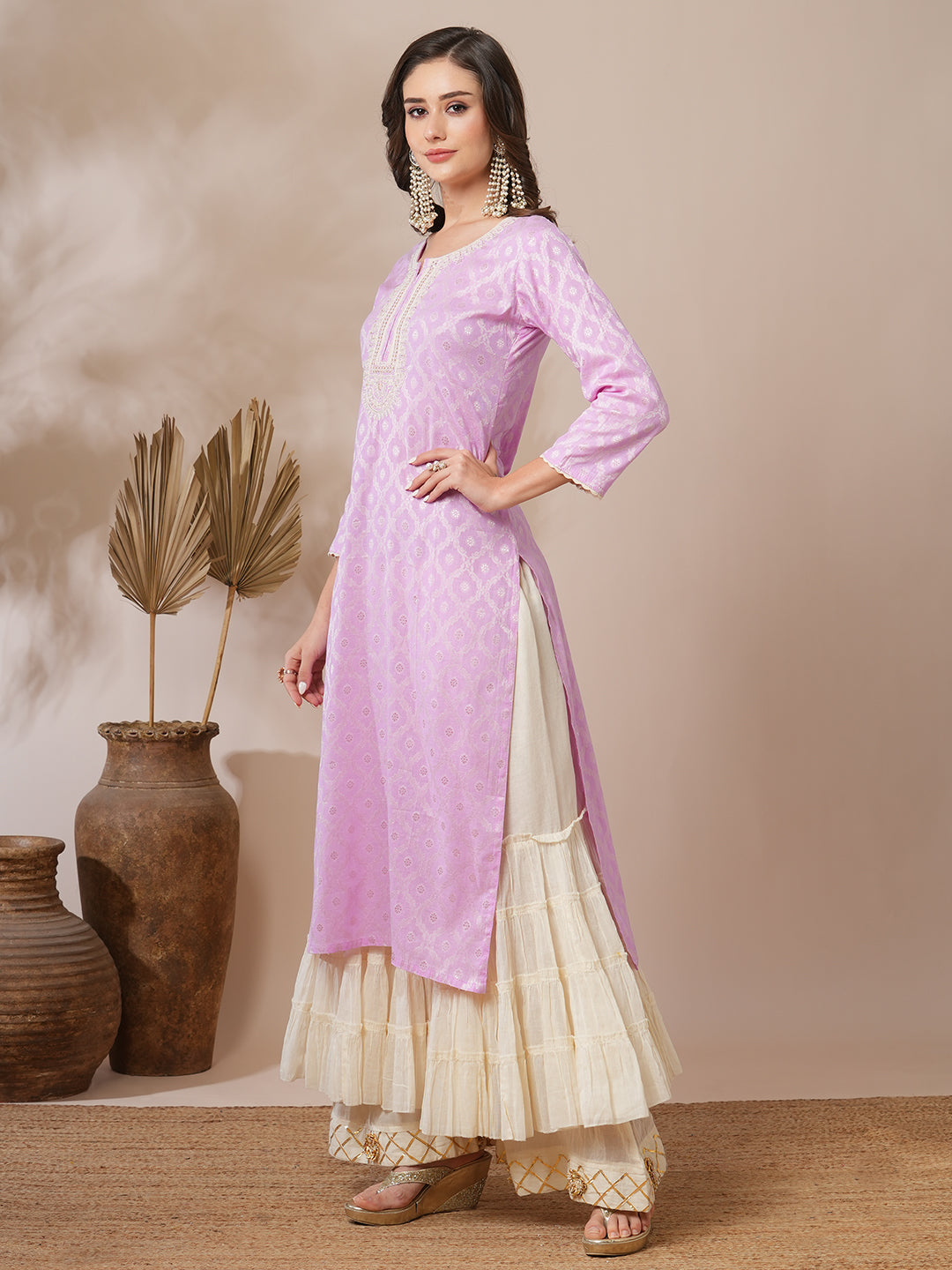 Ethnic Jacquard Woven & Embroidered Straight Fit Kurta - Light Purple