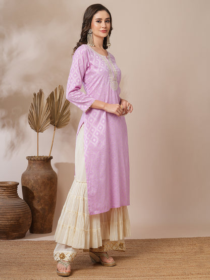 Ethnic Jacquard Woven & Embroidered Straight Fit Kurta - Light Purple