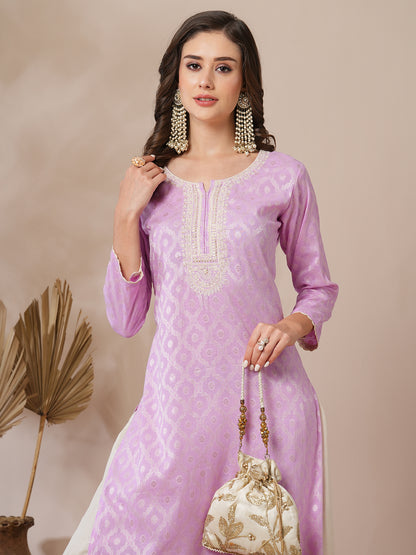 Ethnic Jacquard Woven & Embroidered Straight Fit Kurta - Light Purple