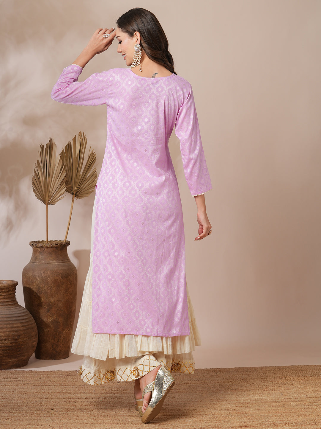 Ethnic Jacquard Woven & Embroidered Straight Fit Kurta - Light Purple