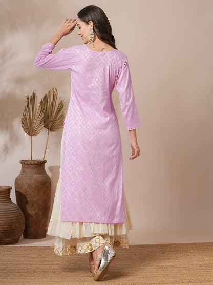 Ethnic Jacquard Woven & Embroidered Straight Fit Kurta - Light Purple