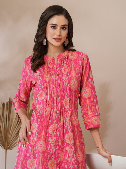 Ethnic Ikat Printed A-Line Pin Tucked Kurta - Pink