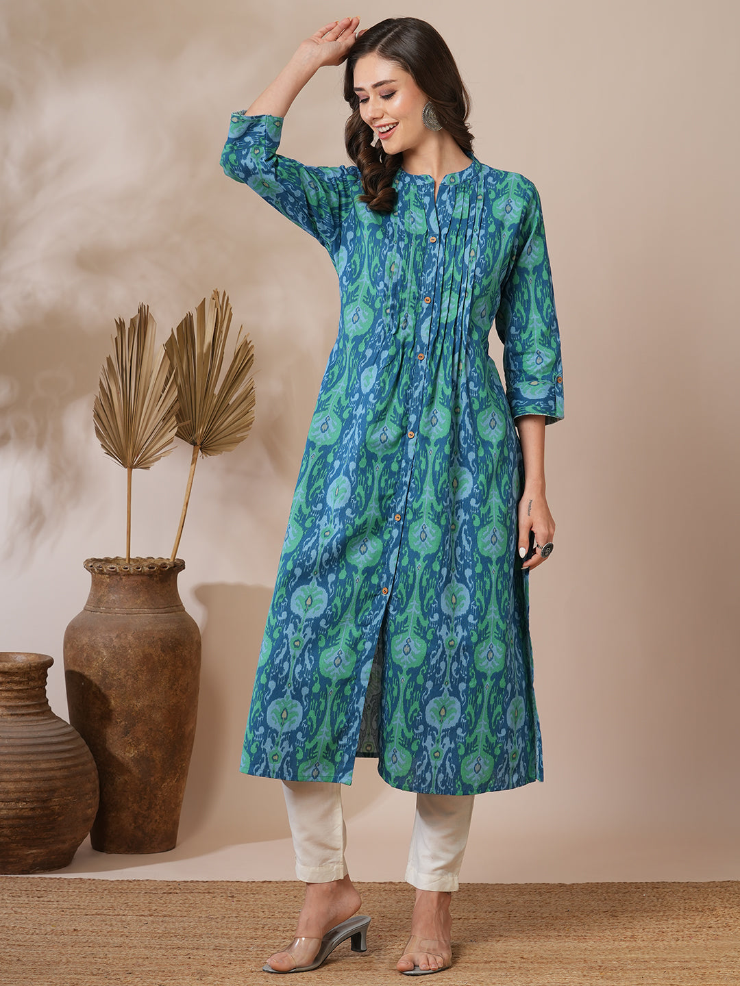 Ethnic Ikat Printed A-Line Pin Tucked Kurta - Blue