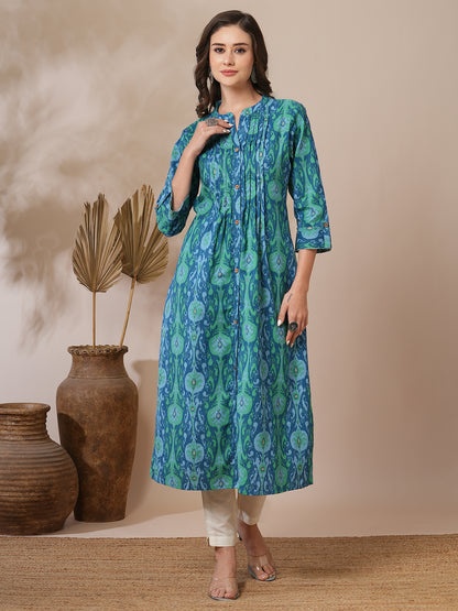 Ethnic Ikat Printed A-Line Pin Tucked Kurta - Blue