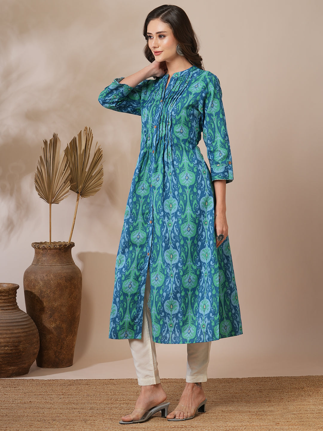 Ethnic Ikat Printed A-Line Pin Tucked Kurta - Blue