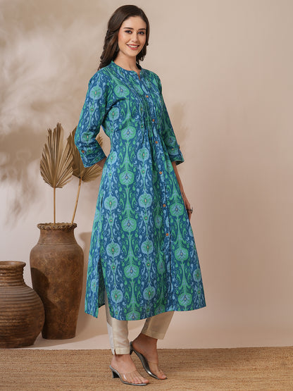 Ethnic Ikat Printed A-Line Pin Tucked Kurta - Blue