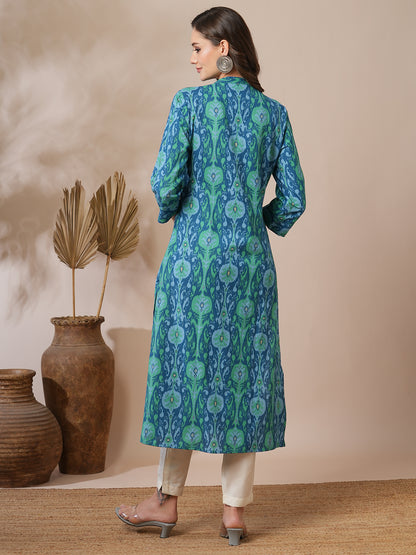 Ethnic Ikat Printed A-Line Pin Tucked Kurta - Blue