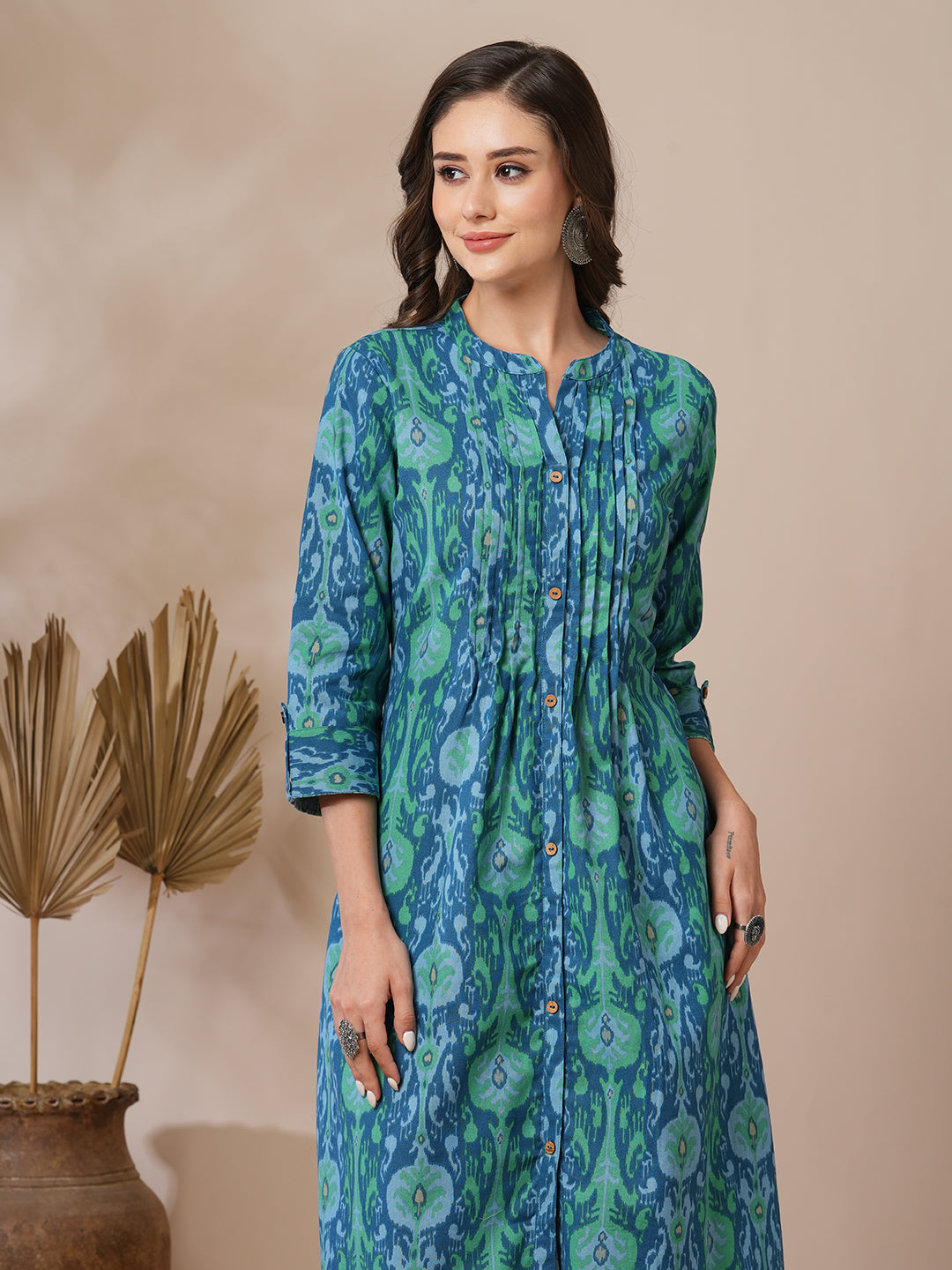 Ethnic Ikat Printed A-Line Pin Tucked Kurta - Blue