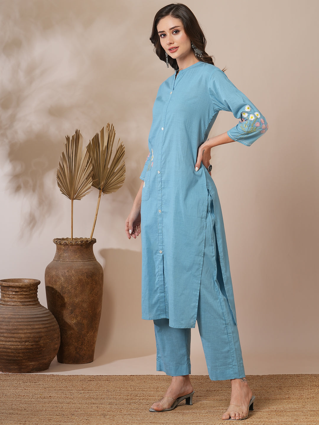 Solid Floral Hand Embroidered Straight Fit Co-ord Set - Blue