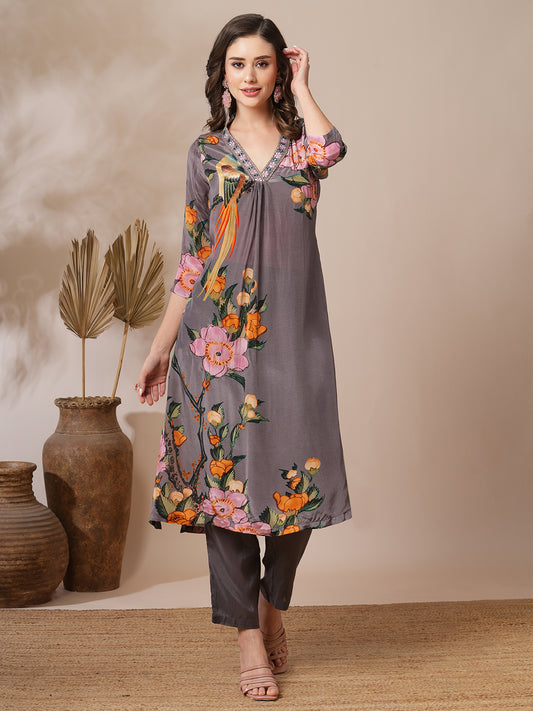 Floral Abstract Printed Zari Embroidered A-Line Kurta with Pant - Grey