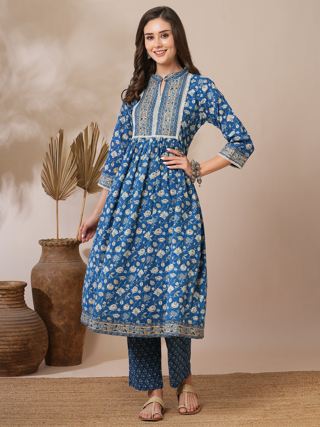 Ethnic Floral Printed A-Line Pleated Kurta with Pant - Blue