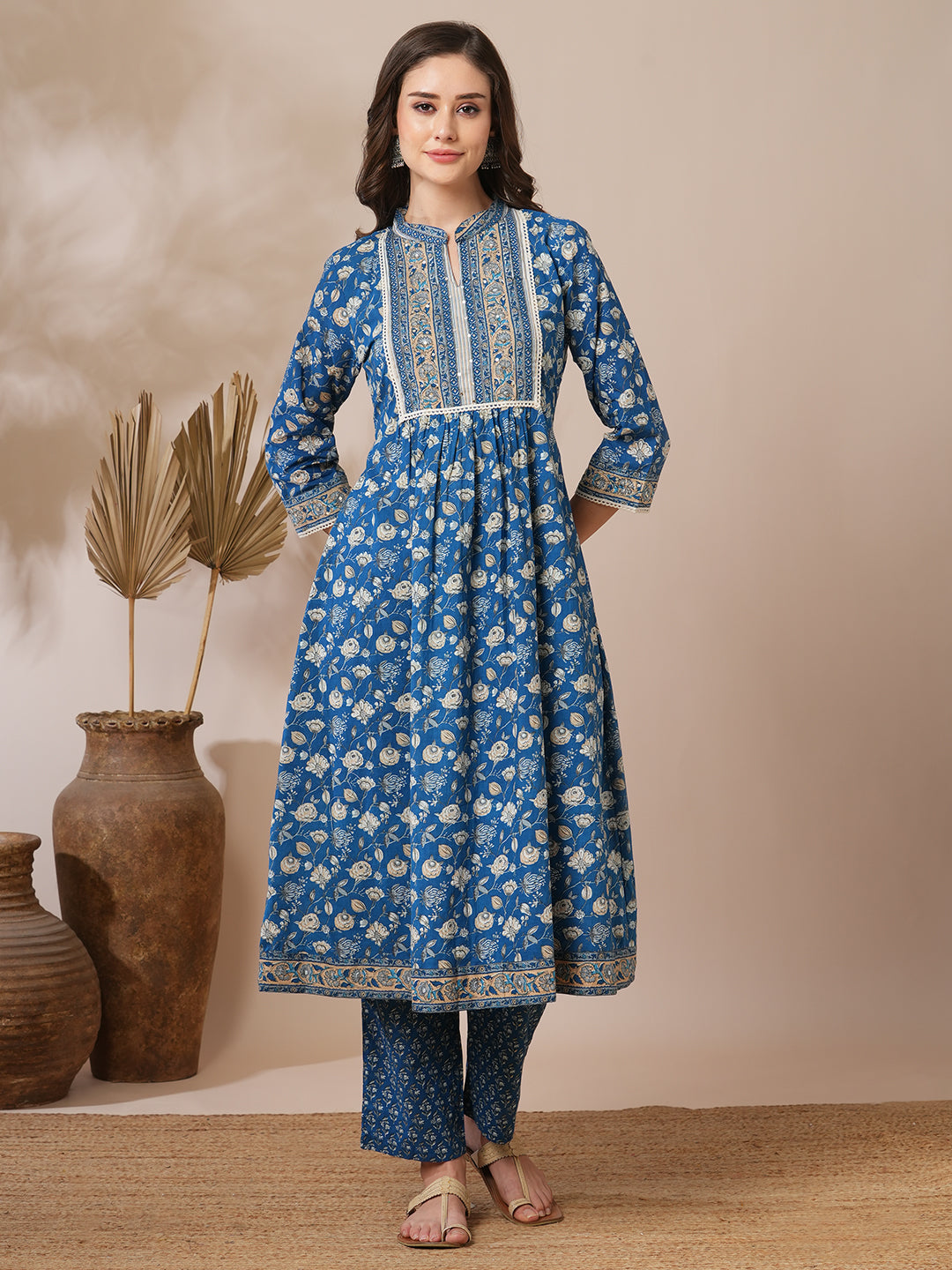 Ethnic Floral Printed A-Line Pleated Kurta with Pant - Blue