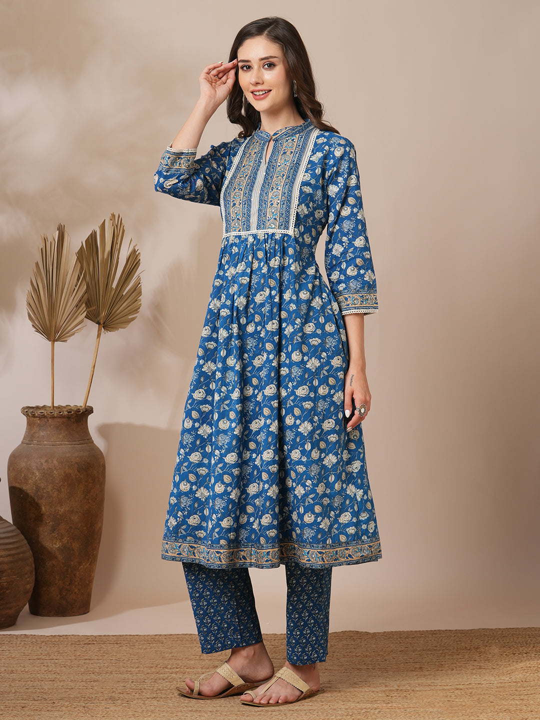 Ethnic Floral Printed A-Line Pleated Kurta with Pant - Blue