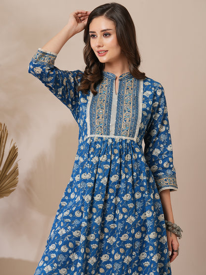 Ethnic Floral Printed A-Line Pleated Kurta with Pant - Blue