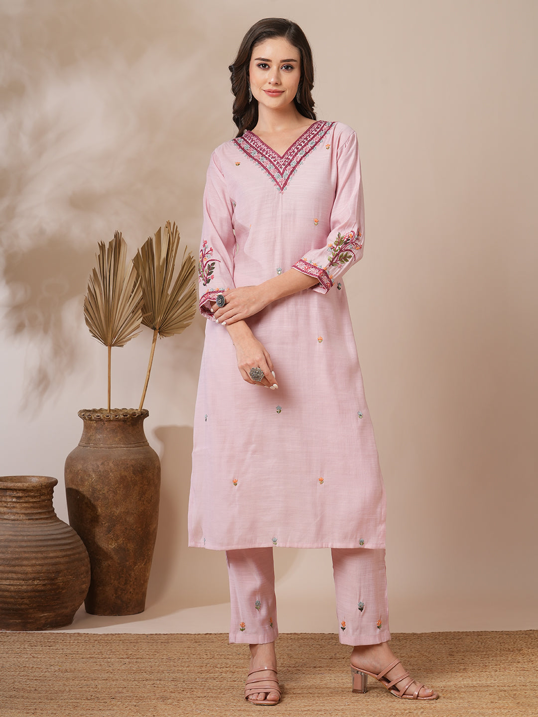 Floral Hand Embroidered Straight Fit Co-ord Set - Pink