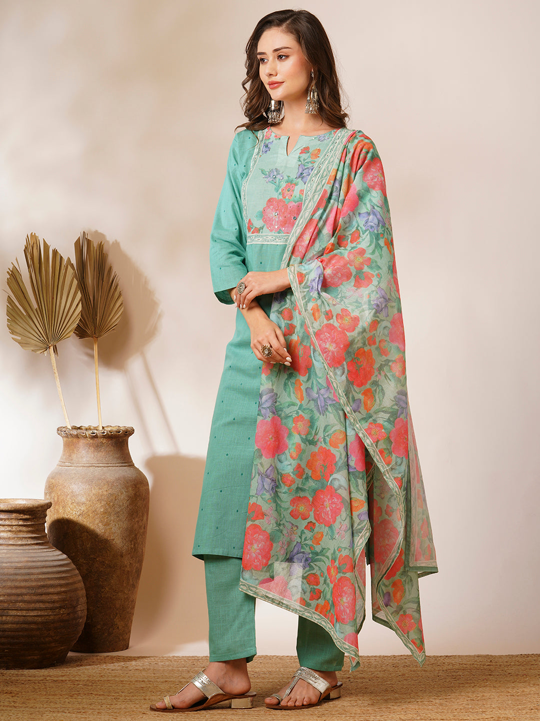 Floral Printed Embroidered Straight Fit Kurta with Pant and Dupatta - Pastel Green