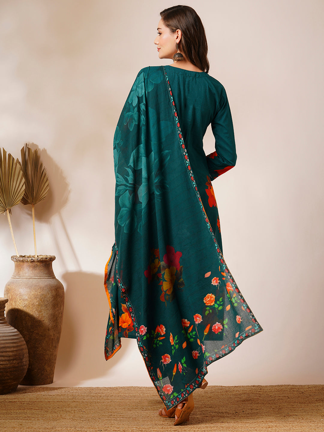 Floral Printed & Embroidered Straight Fit Kurta with Pant and Dupatta - Green