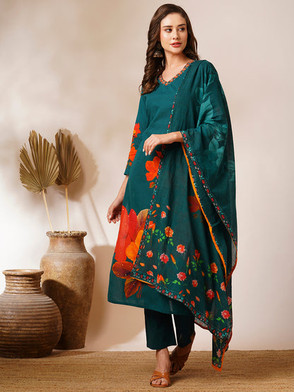 Floral Printed & Embroidered Straight Fit Kurta with Pant and Dupatta - Green