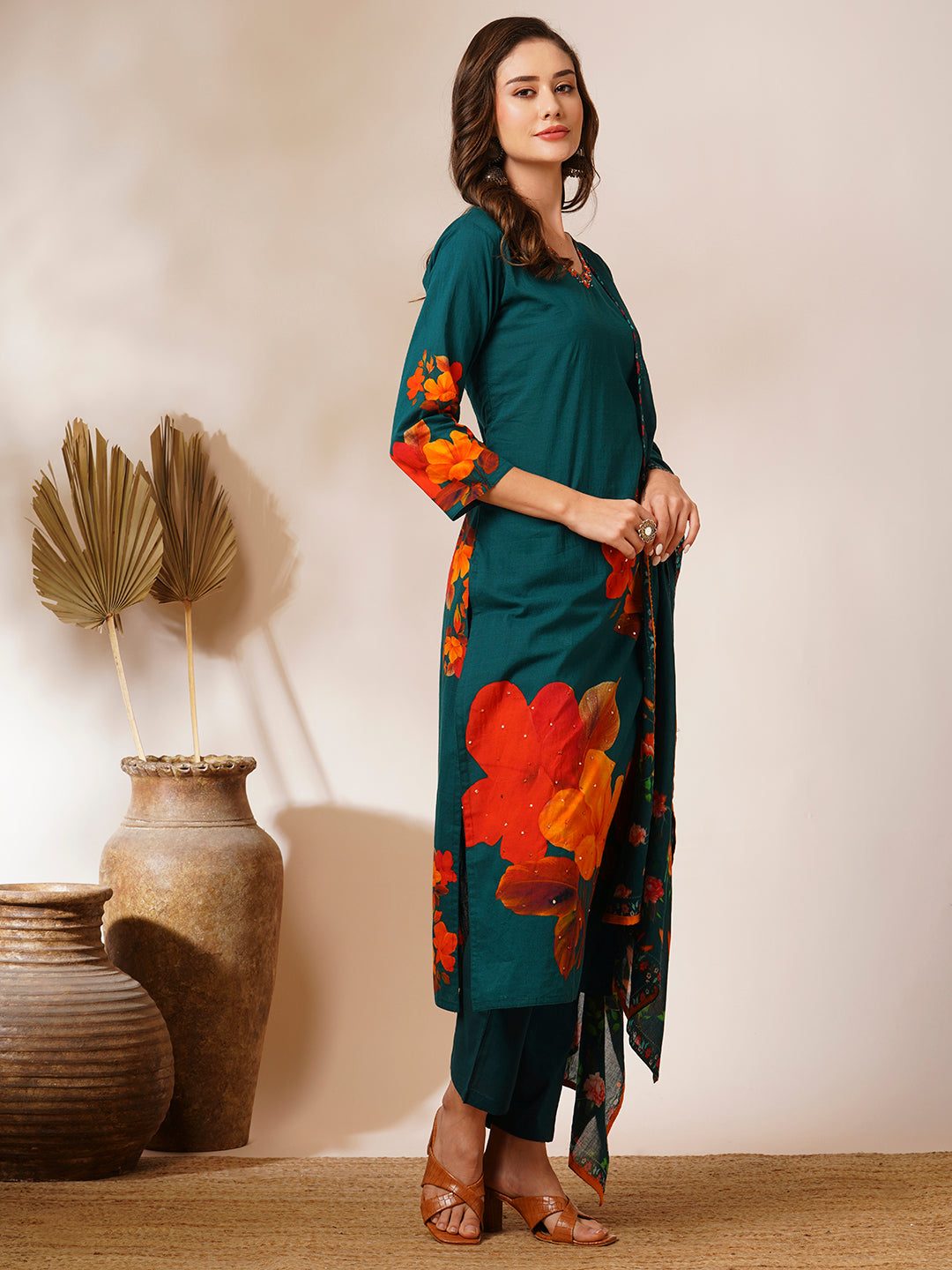 Floral Printed & Embroidered Straight Fit Kurta with Pant and Dupatta - Green