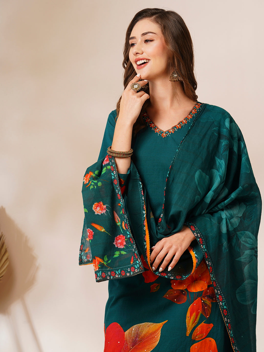 Floral Printed & Embroidered Straight Fit Kurta with Pant and Dupatta - Green