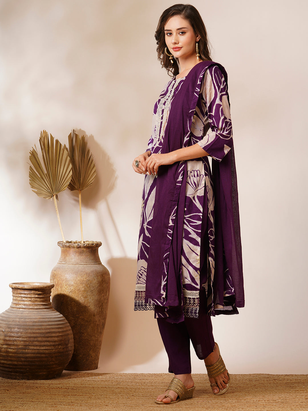 Abstract Floral Printed & Embroidered Straight Fit Kurta with Pant and Dupatta - Deep Purple