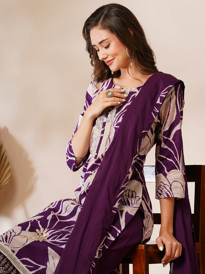 Abstract Floral Printed & Embroidered Straight Fit Kurta with Pant and Dupatta - Deep Purple