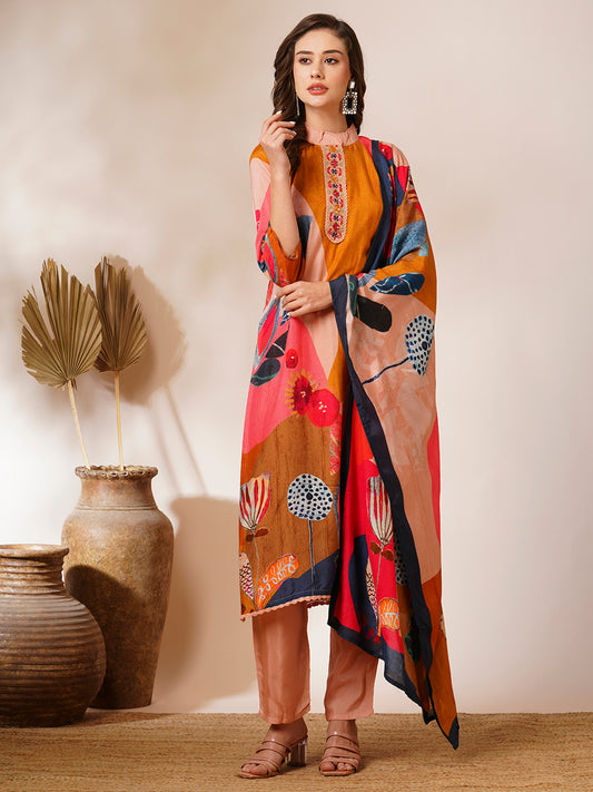Abstract Floral Printed & Embroidered Straight Fit Kurta with Pant and Dupatta - Multi