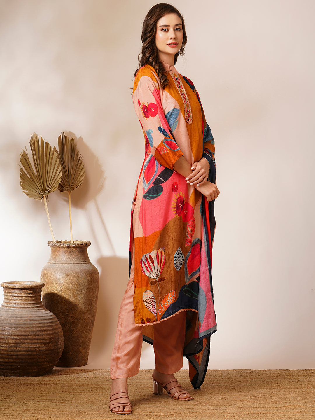 Abstract Floral Printed & Embroidered Straight Fit Kurta with Pant and Dupatta - Multi