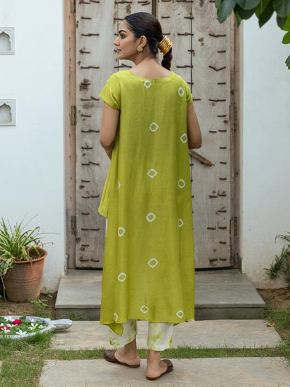 Ethnic Shibori Dyed A-Line High Low Kurta with Shibori Dyed Pant - Green