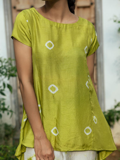 Ethnic Shibori Dyed A-Line High Low Kurta with Shibori Dyed Pant - Green