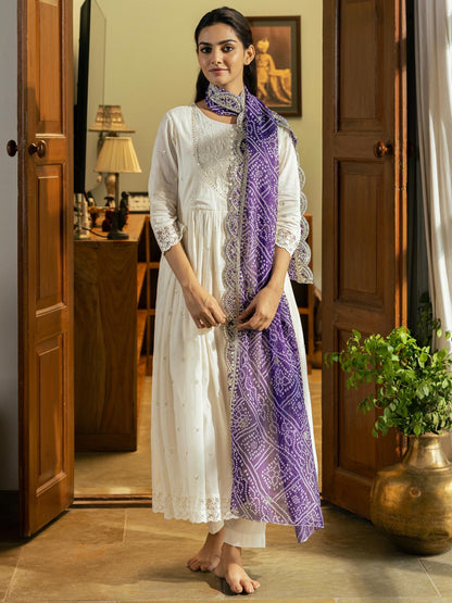 Ethnic Embroidered A-Line Pleated Kurta with Pant & Bandhani Printed Dupatta - White