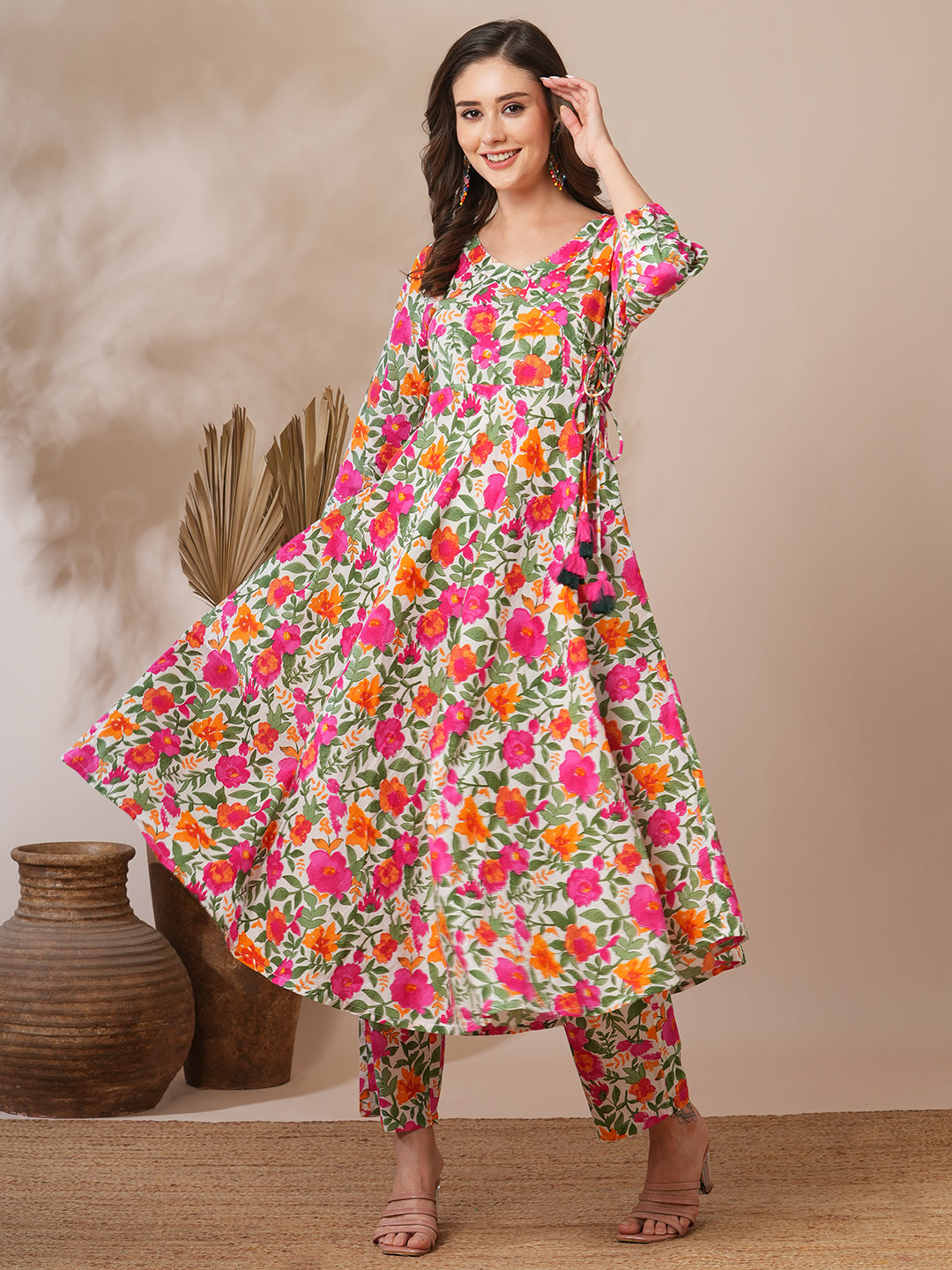 Floral Printed & Kantha Work A-Line Co-ord Set - Multi