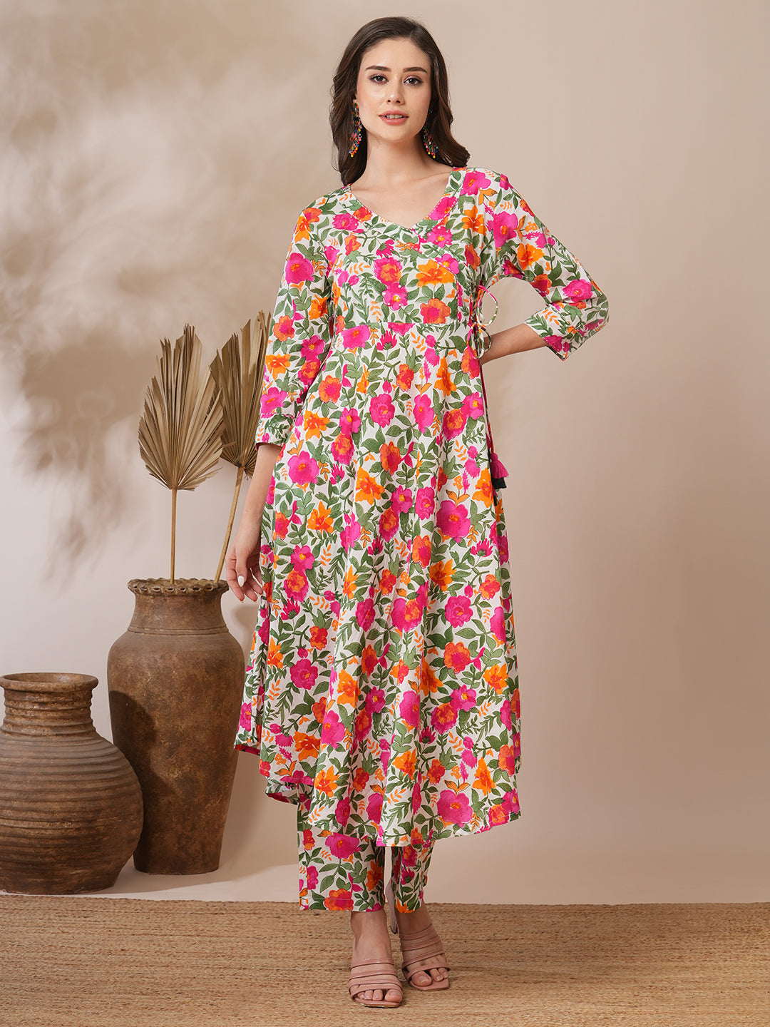 Floral Printed & Kantha Work A-Line Co-ord Set - Multi