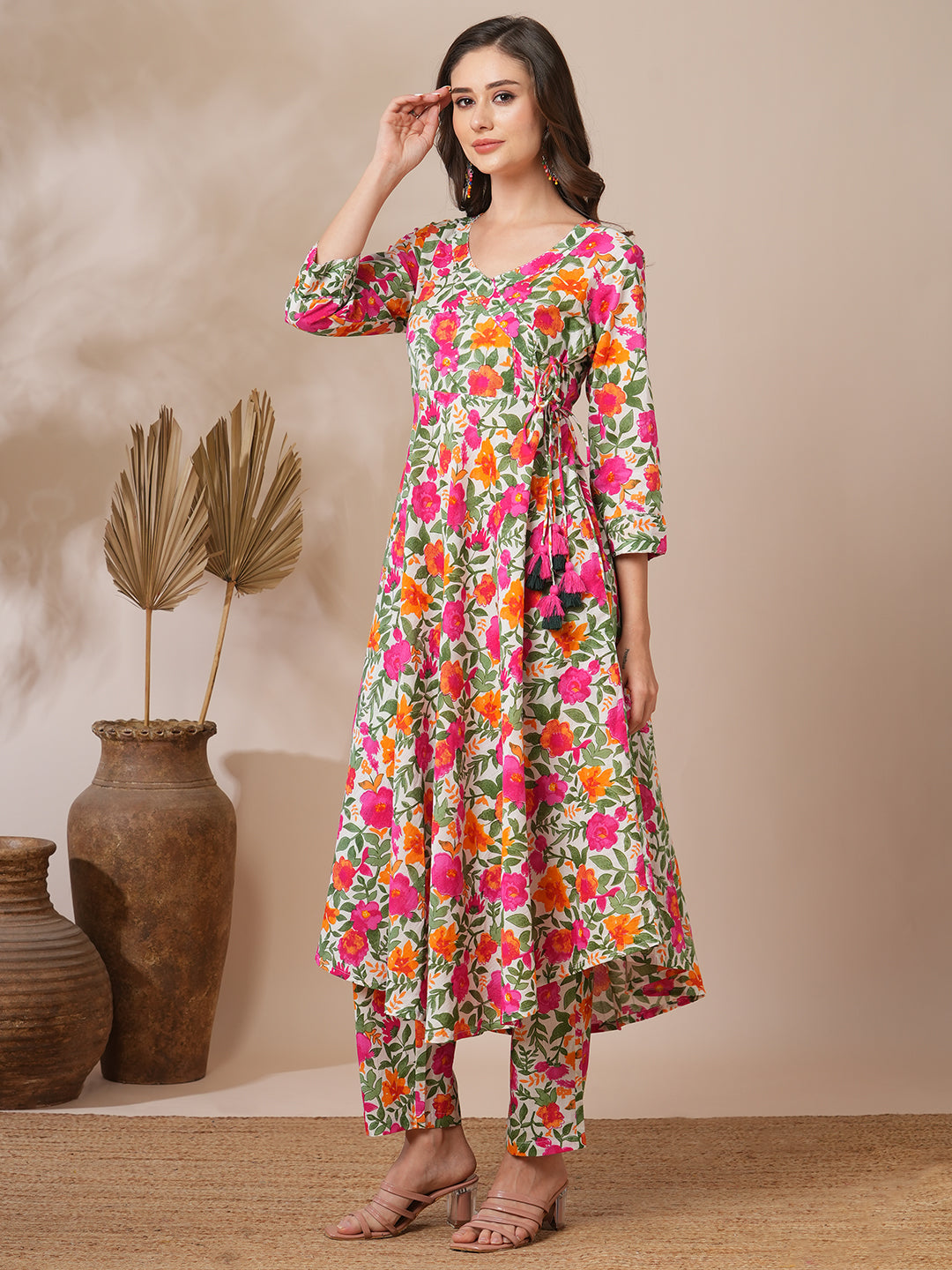 Floral Printed & Kantha Work A-Line Co-ord Set - Multi