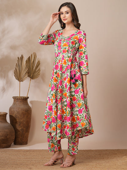 Floral Printed & Kantha Work A-Line Co-ord Set - Multi