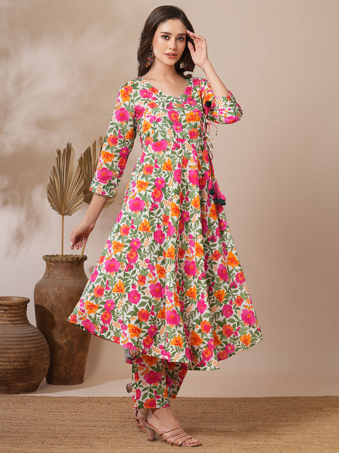 Floral Printed & Kantha Work A-Line Co-ord Set - Multi