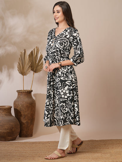 Abstract Floral Printed A-Line Pleated Kurta with Pant - Black