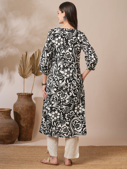 Abstract Floral Printed A-Line Pleated Kurta with Pant - Black