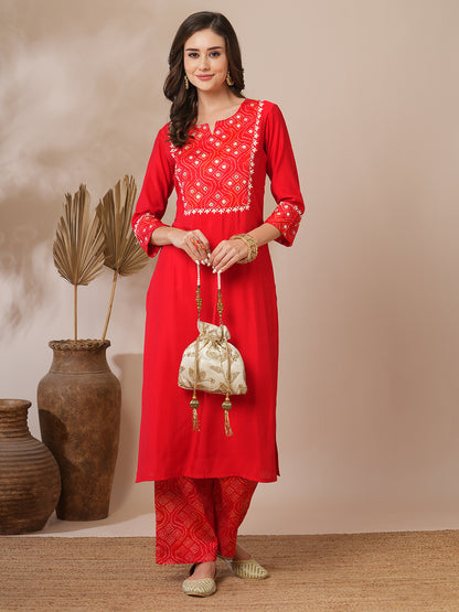 Solid Bandhni Printed and Embroidered Straight Fit Kurta with Palazzo - Red