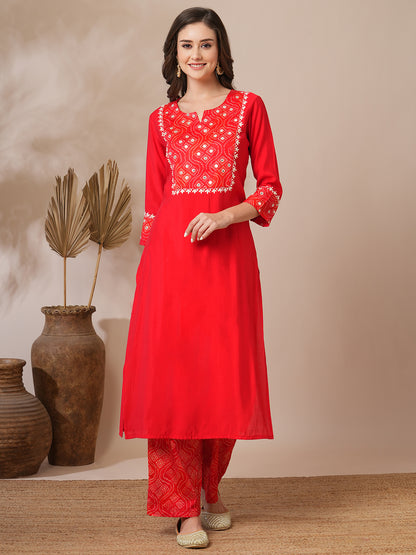 Solid Bandhni Printed and Embroidered Straight Fit Kurta with Palazzo - Red