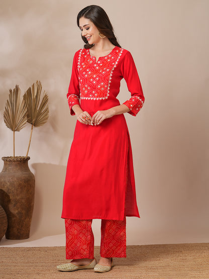 Solid Bandhni Printed and Embroidered Straight Fit Kurta with Palazzo - Red