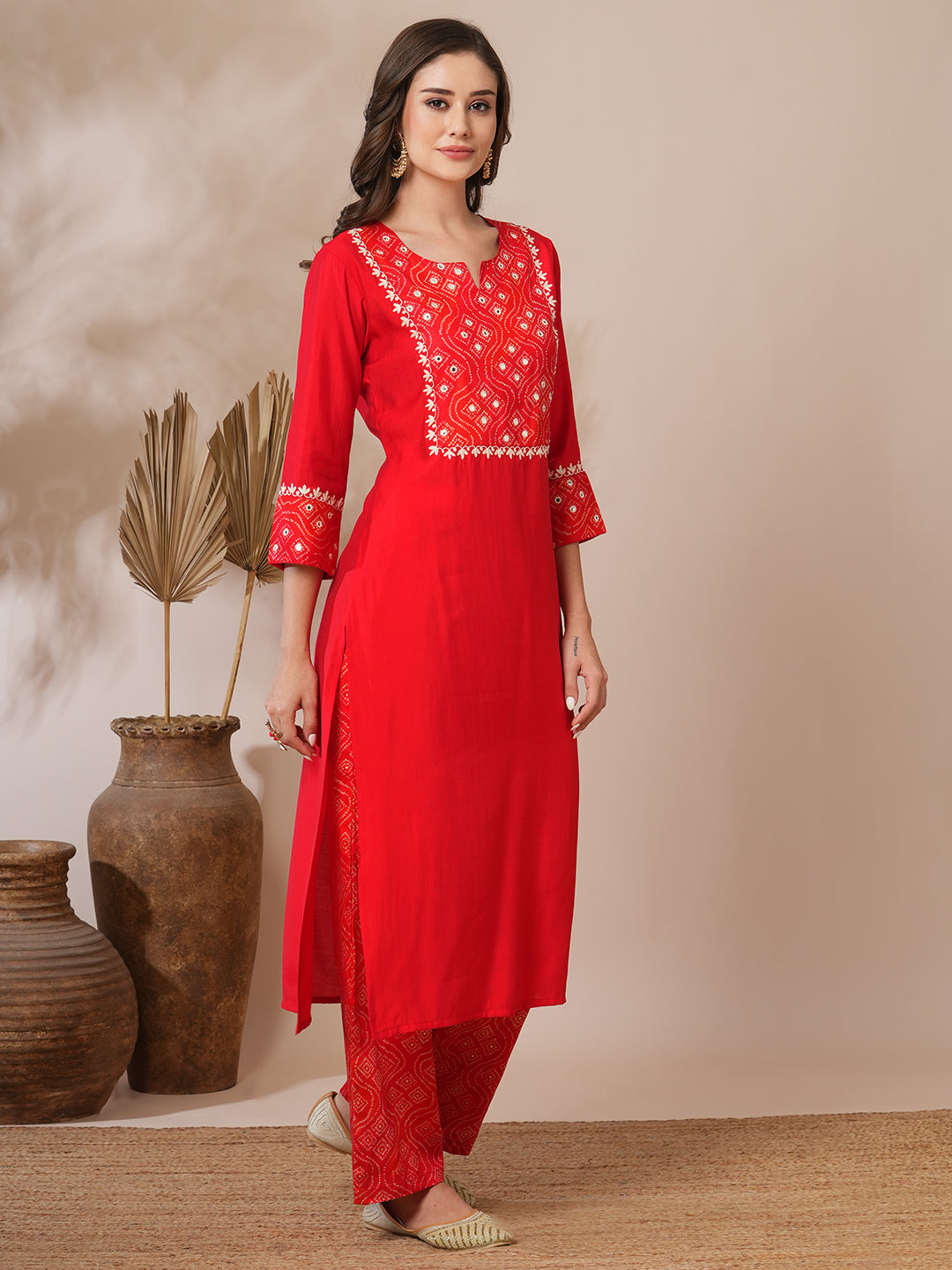 Solid Bandhni Printed and Embroidered Straight Fit Kurta with Palazzo - Red